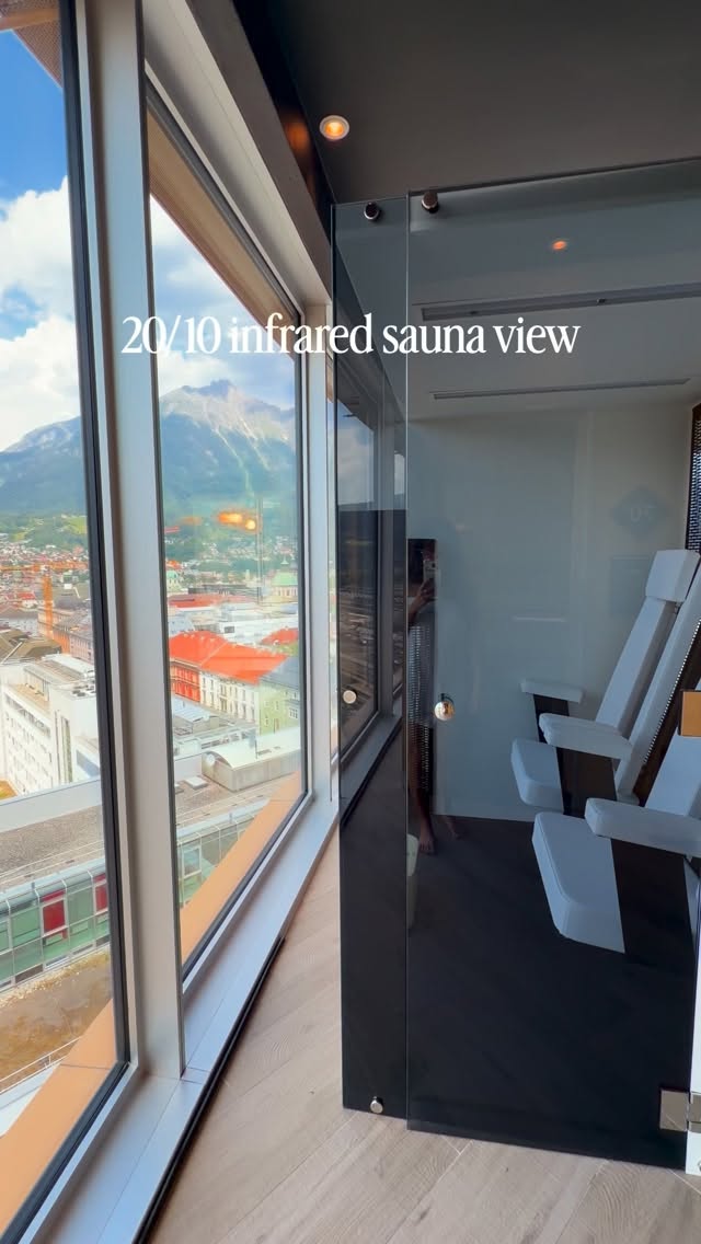 Imagine sitting on these chairs in the infrared sauna getting all your red light therapy while looking out at the mountain views of Innsbruck, Austria 🤤🇦🇹