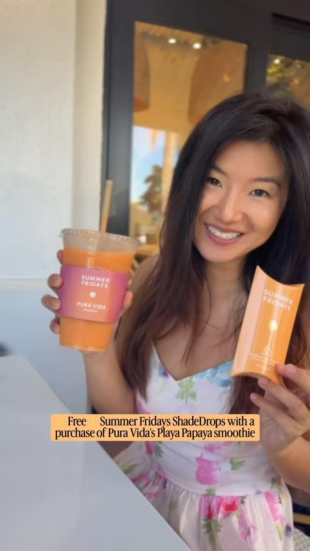 Head to Pura Vida Miami for a ✨ complimentary ✨ Summer Fridays ShadeDrops® SPF 50 Mineral Milk Sunscreen sample gift with a purchase of the Playa Papaya smoothie 🧡

Available Friday, April 24th - Thursday, April 30th at participating Florida & California locations!